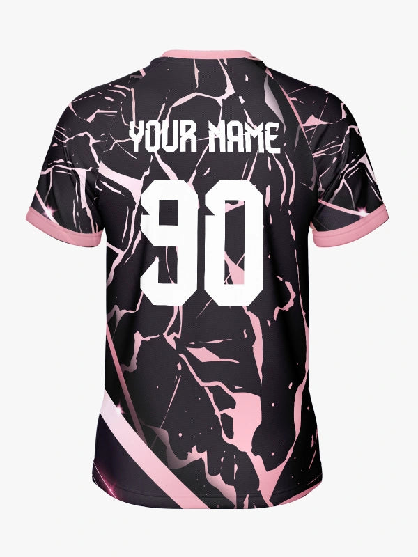 Custom Baby Pink and Black Marble Print V-neck Raglan Sports Jersey | Custom Soccer Jersey By Shopsery image 4
