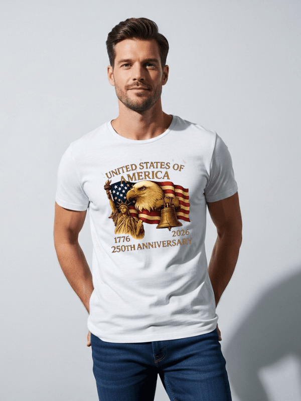 United States of America 250th Anniversary T-Shirt | Patriotic Eagle, Statue of Liberty &amp; Liberty Bell 1776–2026 Graphic Tee image 3
