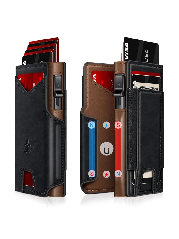 Slim RFID Wallet for Men – Aluminum Card Holder with Pop-Up Eject Mechanism, Magnetic Leather Cover, ID Window & Expandable Cash Slot image 17