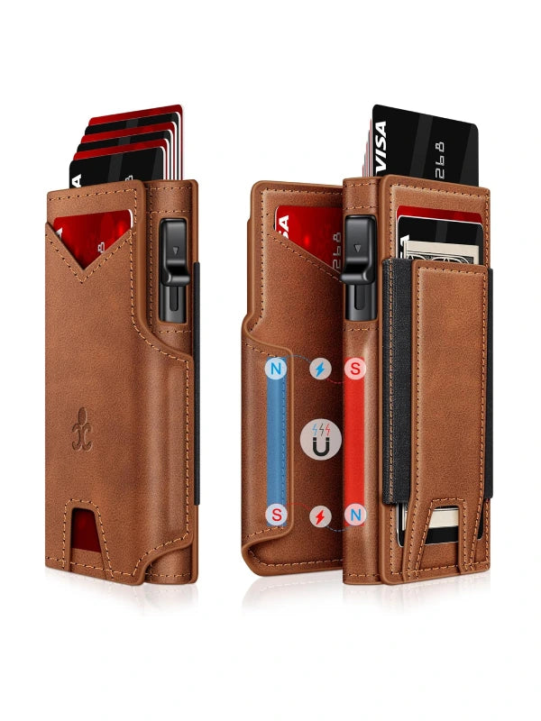 Slim RFID Wallet for Men – Aluminum Card Holder with Pop-Up Eject Mechanism, Magnetic Leather Cover, ID Window & Expandable Cash Slot - Brown image