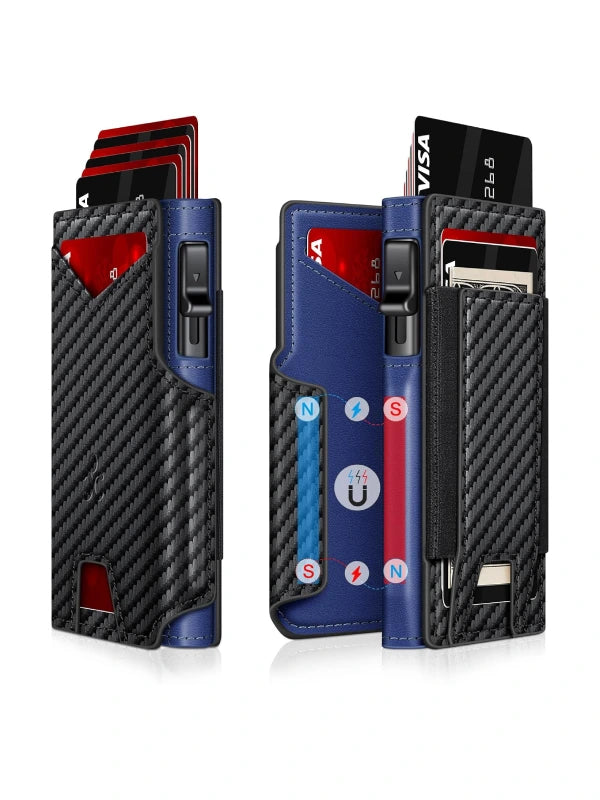 Slim RFID Wallet for Men – Aluminum Card Holder with Pop-Up Eject Mechanism, Magnetic Leather Cover, ID Window & Expandable Cash Slot - Carbon Fiber + Blue image
