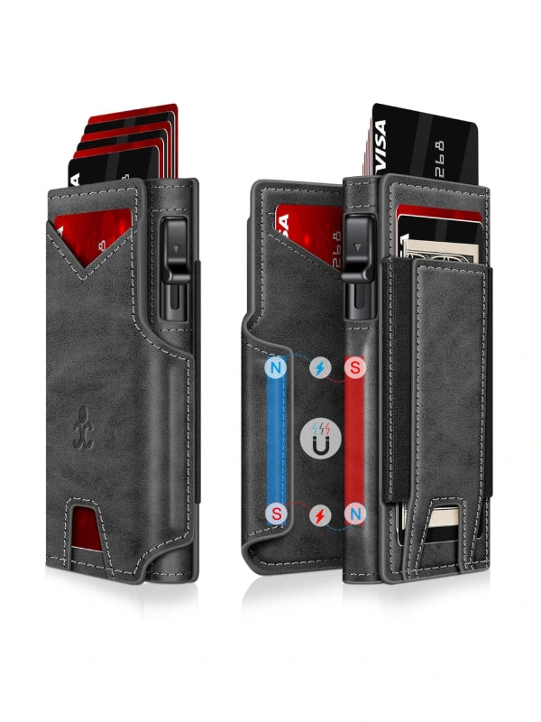 Slim RFID Wallet for Men – Aluminum Card Holder with Pop-Up Eject Mechanism, Magnetic Leather Cover, ID Window & Expandable Cash Slot - Grey image