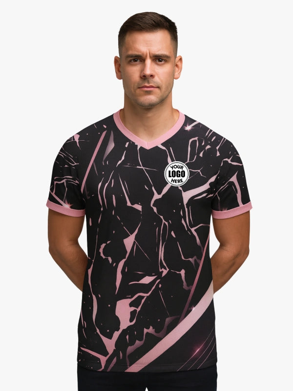 Custom Baby Pink and Black Marble Print V-neck Raglan Sports Jersey | Custom Soccer Jersey By Shopsery image 1