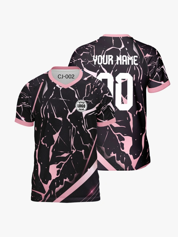 Custom Baby Pink and Black Marble Print V-neck Raglan Sports Jersey | Custom Soccer Jersey By Shopsery image 0