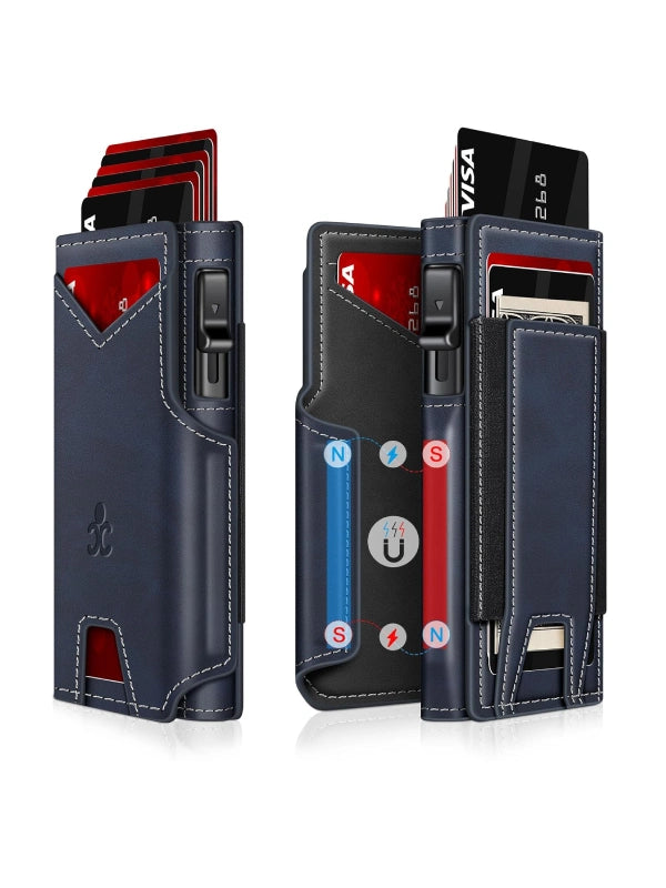 Slim RFID Wallet for Men – Aluminum Card Holder with Pop-Up Eject Mechanism, Magnetic Leather Cover, ID Window & Expandable Cash Slot - Navy image