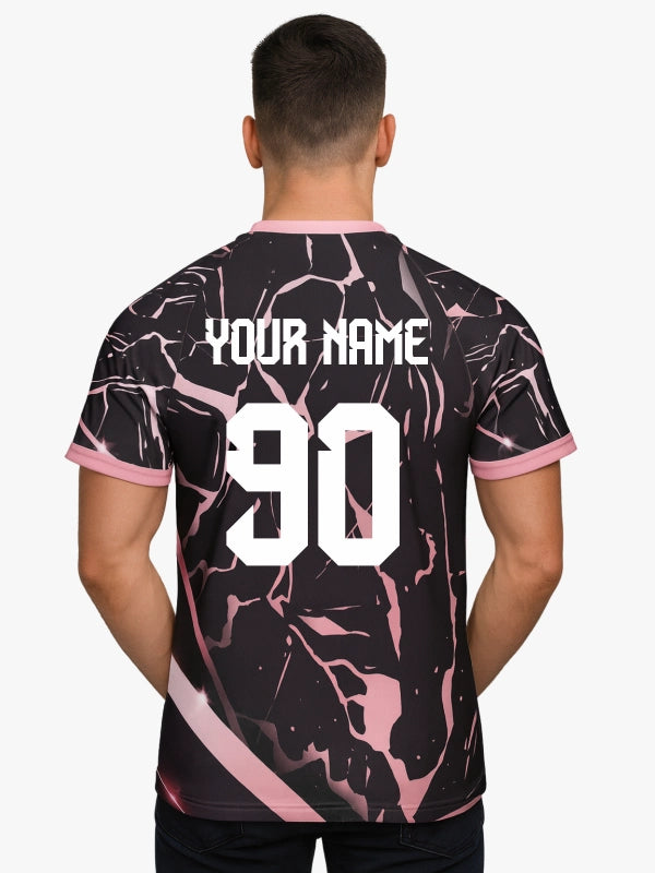 Custom Baby Pink and Black Marble Print V-neck Raglan Sports Jersey | Custom Soccer Jersey By Shopsery image 2