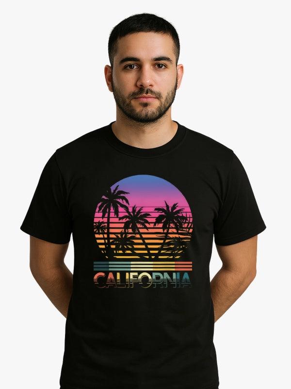 California Retro Palm Sunset Graphic T-shirt (Black) image 1