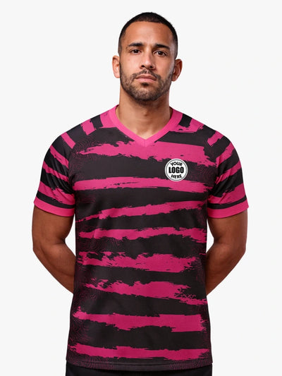 Custom Magenta and Black Striped V-neck Raglan Sports Jersey | Custom Soccer Jersey By Shopsery image 1