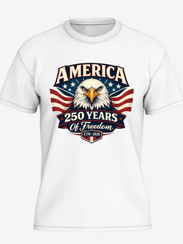 America 250 Years of Freedom Patriotic Eagle T-Shirt | USA 250th Anniversary 1776–2026 Graphic Tee image 1