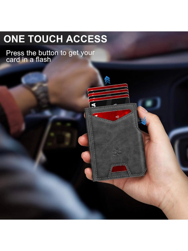 Slim RFID Wallet for Men – Aluminum Card Holder with Pop-Up Eject Mechanism, Magnetic Leather Cover, ID Window & Expandable Cash Slot image 2