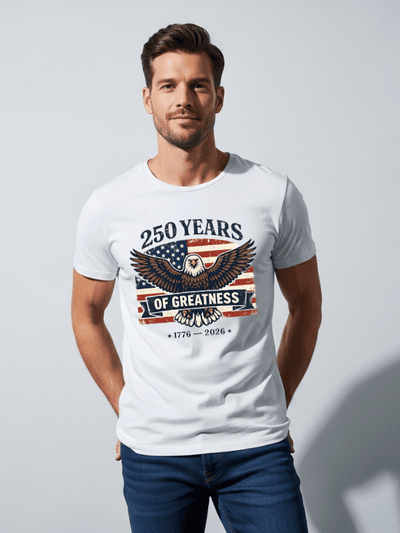 250 Years of Greatness Patriotic Eagle T-Shirt | USA 250th Anniversary American Flag 1776–2026 Graphic Tee image 0