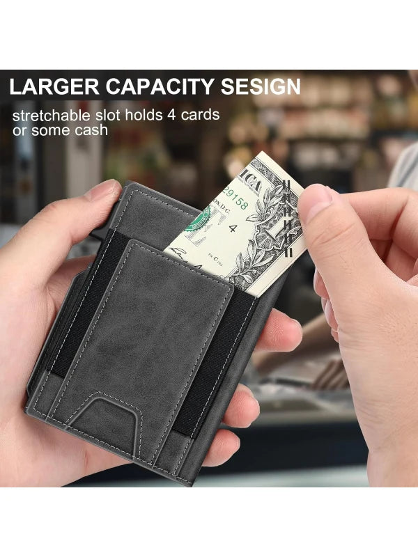 Slim RFID Wallet for Men – Aluminum Card Holder with Pop-Up Eject Mechanism, Magnetic Leather Cover, ID Window & Expandable Cash Slot image 5