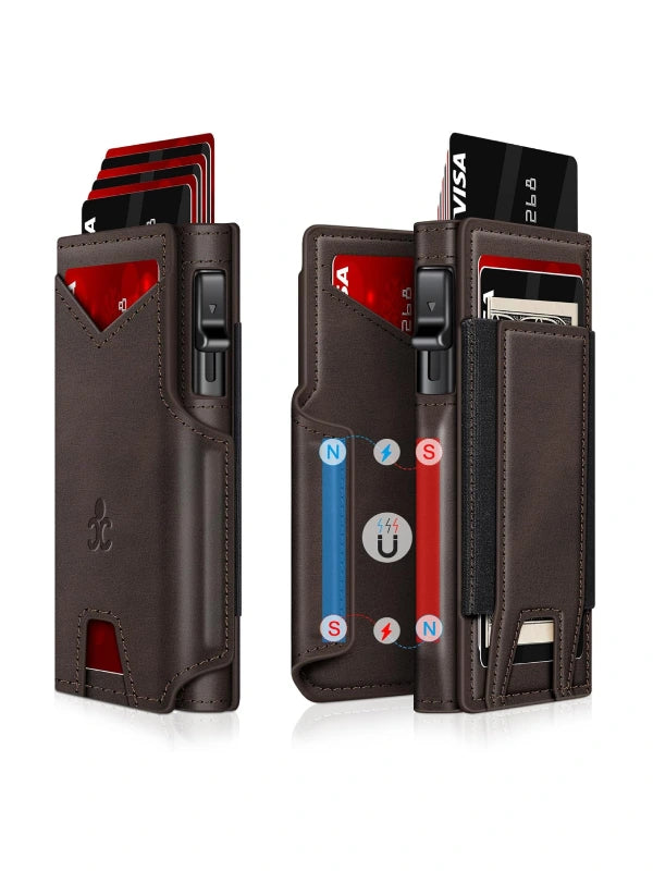 Slim RFID Wallet for Men – Aluminum Card Holder with Pop-Up Eject Mechanism, Magnetic Leather Cover, ID Window & Expandable Cash Slot - Coffee image