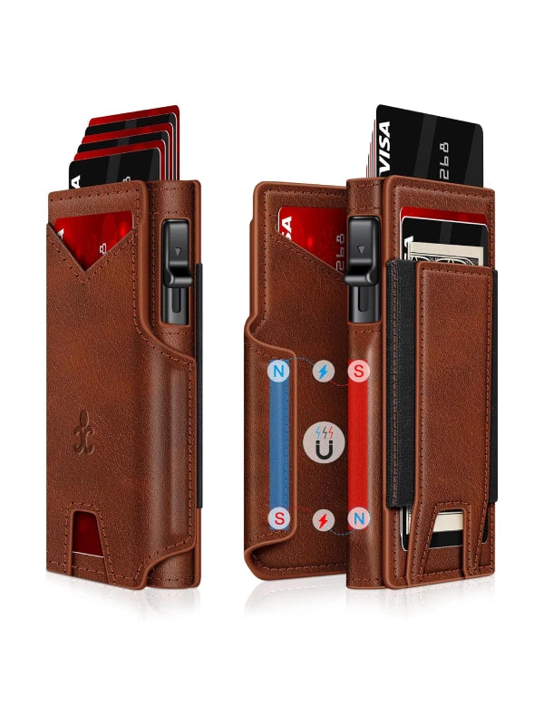 Slim RFID Wallet for Men – Aluminum Card Holder with Pop-Up Eject Mechanism, Magnetic Leather Cover, ID Window & Expandable Cash Slot image 16